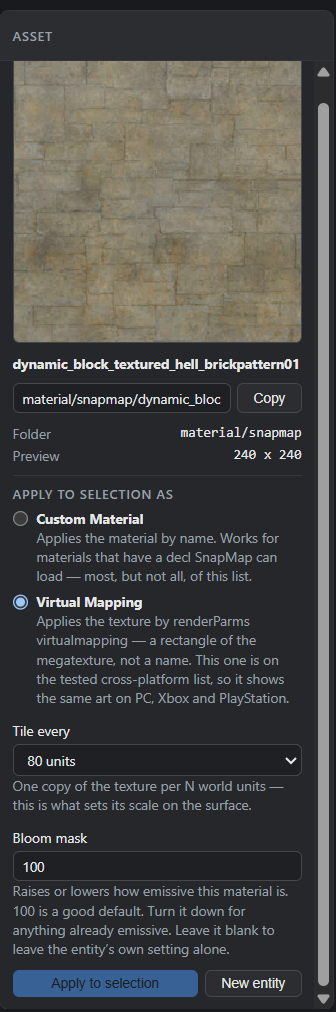 Asset panel: preview image, name, path, and Apply to selection controls