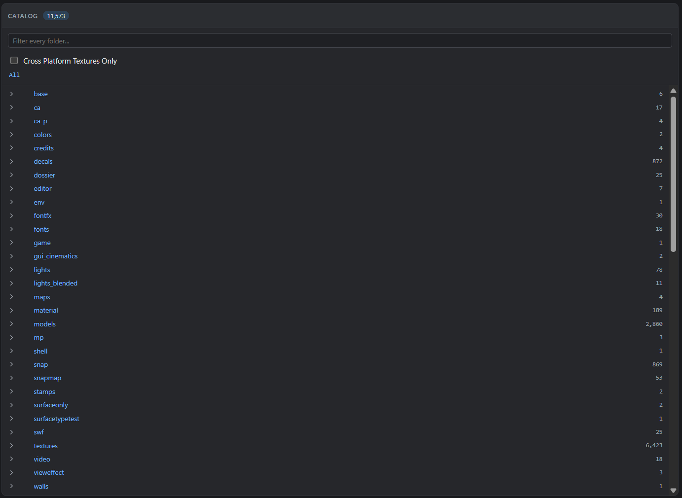 Catalog pane: a folder tree of everything under a category, with per-folder counts