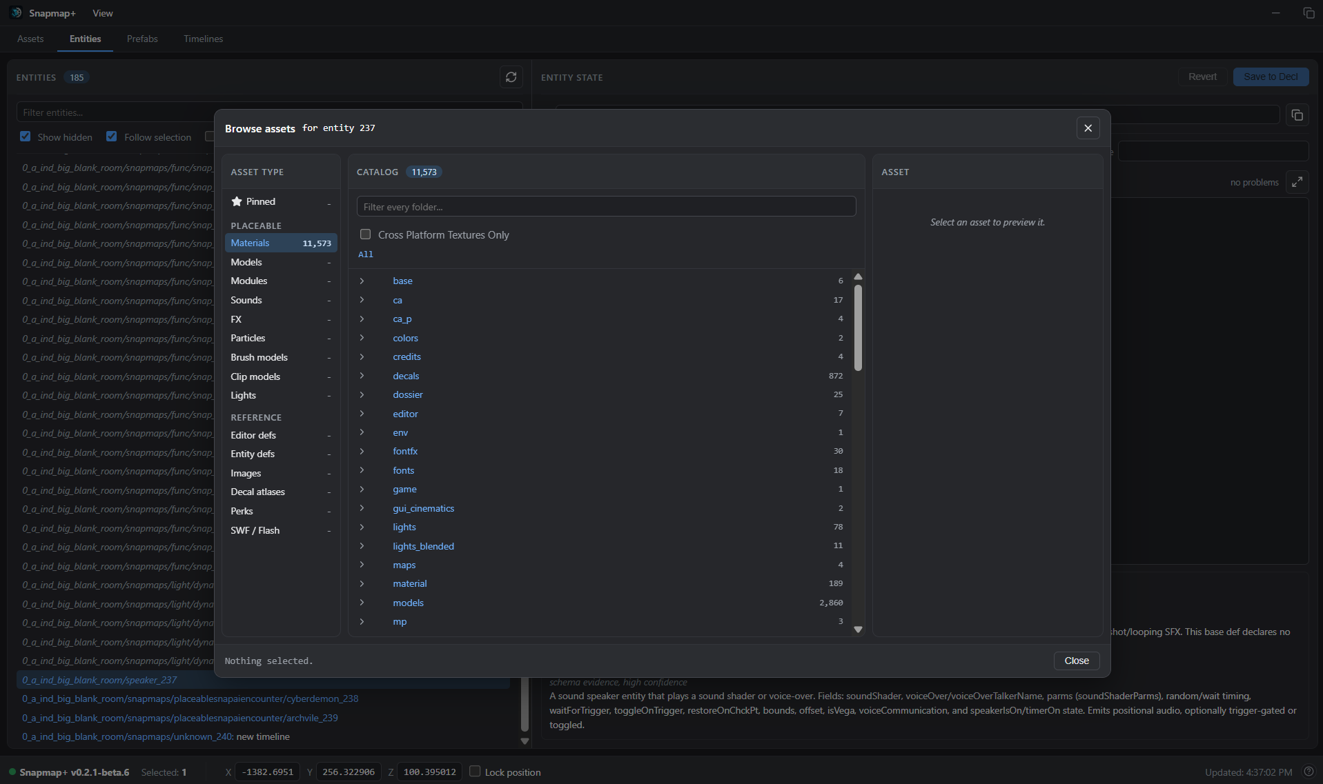 The Browse assets modal opened from the Entities tab, scoped to the selected entity