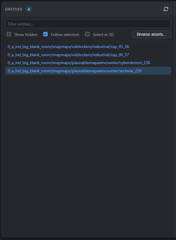 Entities tab: list populated, one row selected