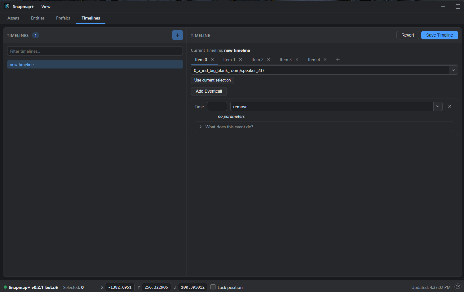 The Timelines tab editing entity events and eventcalls