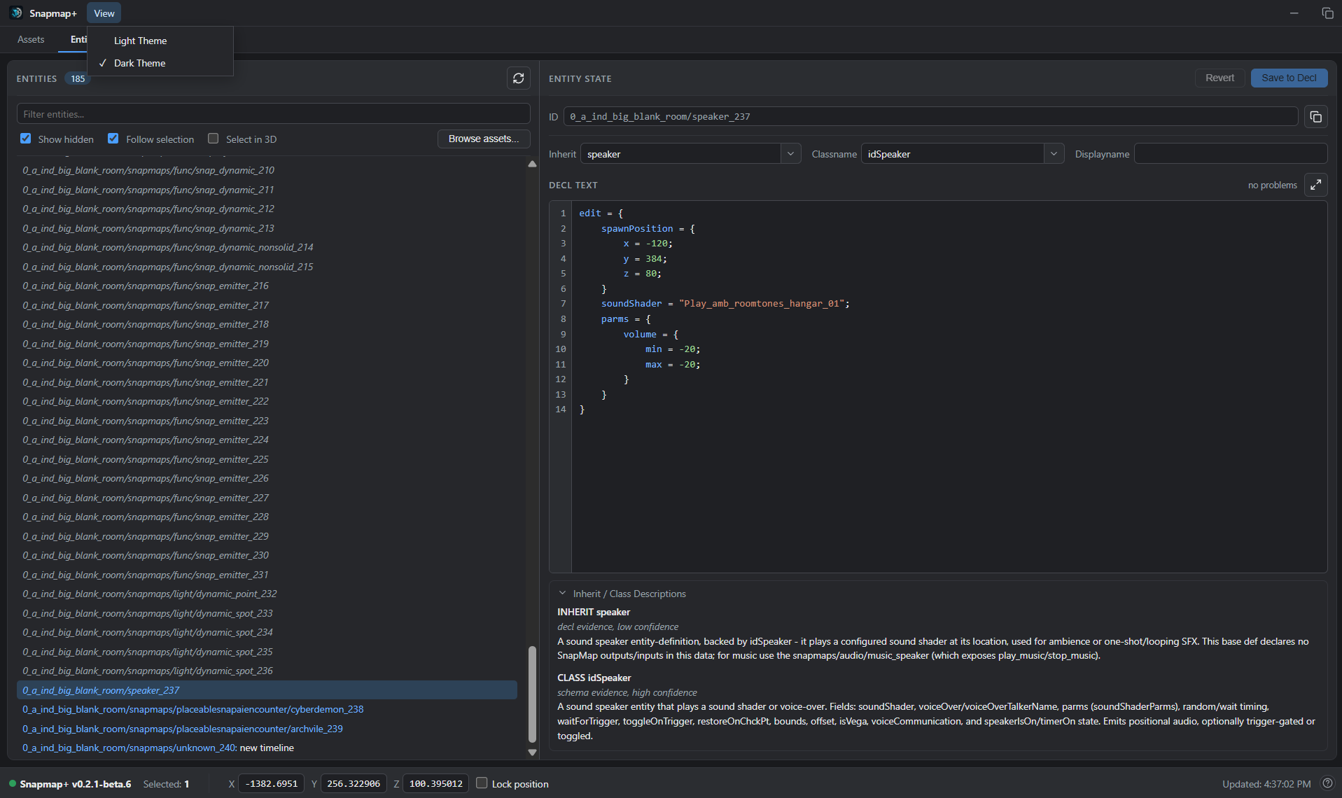 The Snapmap+ window: the map's full entity list beside a syntax-colored property editor